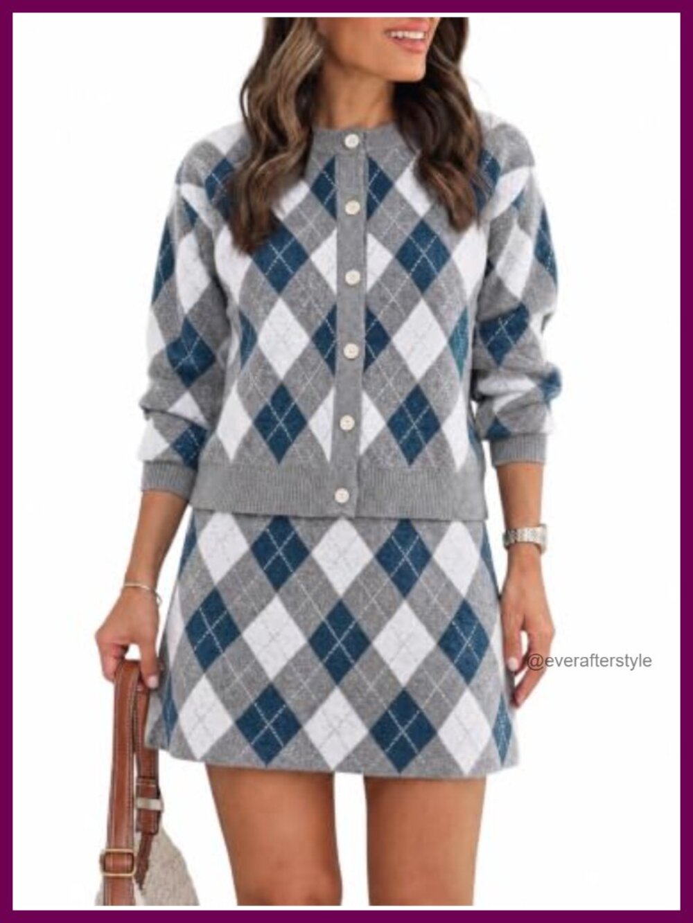 Argyle Plaid 2 Piece Sweater Skirt Set Knit Cardigan Mini Skirt Lounge Matching